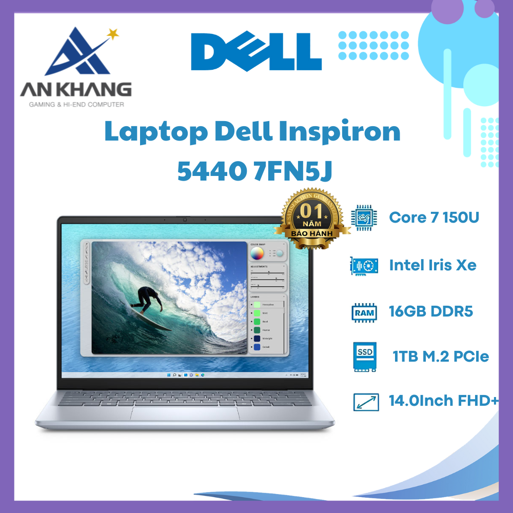 Laptop Dell Inspiron 5440 7FN5J (Core 7 150U/ 16GB/ 1TB SSD/ 14 inch FHD+/ Win 11/ Office/ Vỏ nhôm/ 1Y) - Hàng Chính Hãng - Bảo Hành 12 Tháng