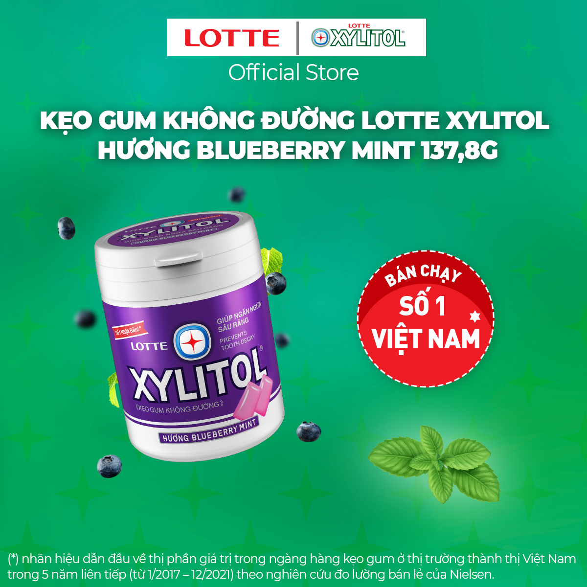 Kẹo Gum không đường Lotte Xylitol - Hương Blueberry Mint 130,5 g