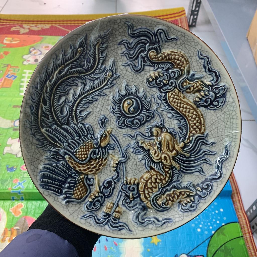 Đĩa đựng hoa quả men rạn đắp nổi long phụng