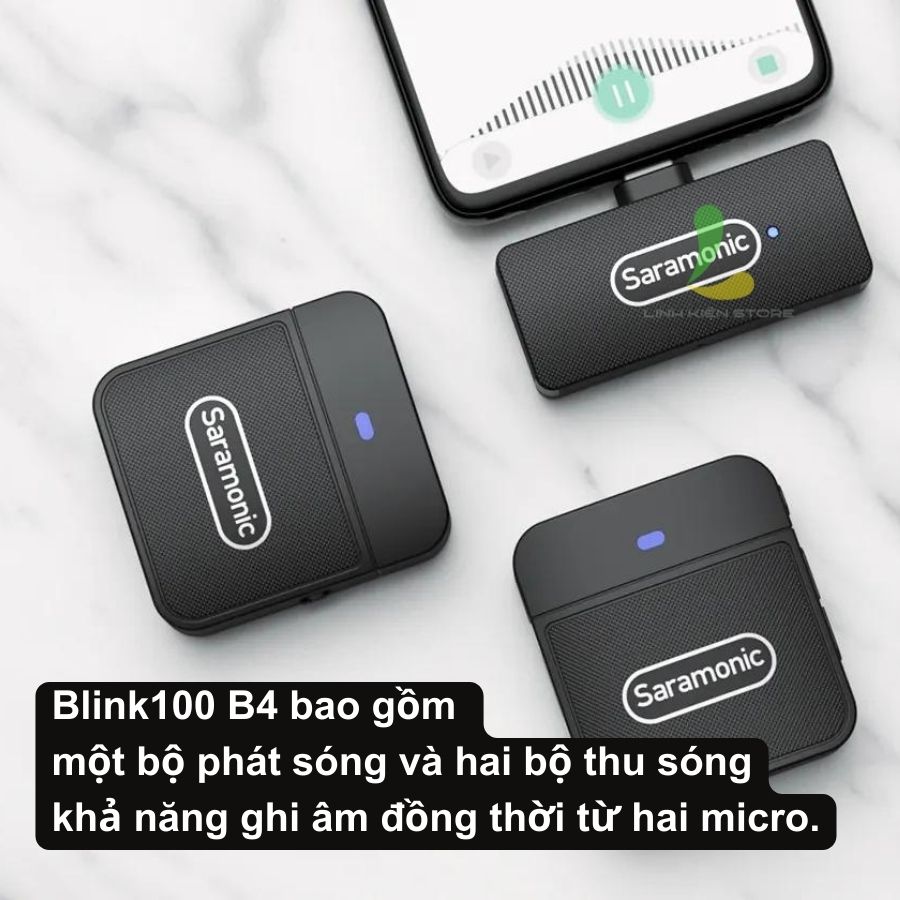 Micro thu âm Saramonic Blink 100 B4 - Micro ghi âm hỗ trợ thiết bị IOS dành cho 2 người, truyền dẫn không dây 2.4GHz - Hàng nhập khẩu