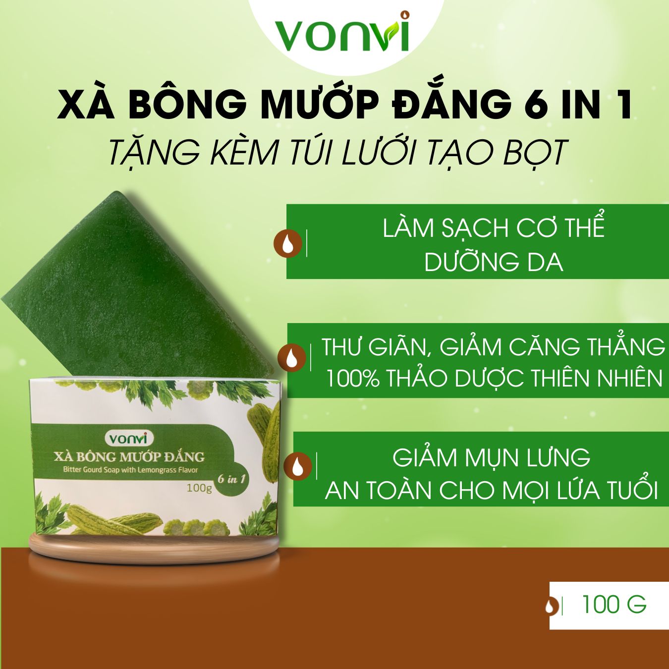 Xà Bông Thảo Dược Mướp Đắng VONVI Xà Phòng Thảo Dược Khổ Qua Giảm Mụn Lưng Làm Sạch Cơ Thể Dưỡng Da Hương Sả 100g