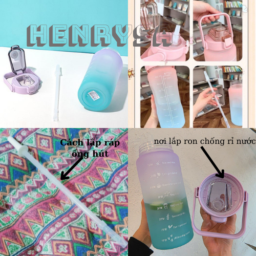 Bình đựng nước 2L siêu cute có vạch báo giờ uống nước có kèm ống hút - Chính hãng