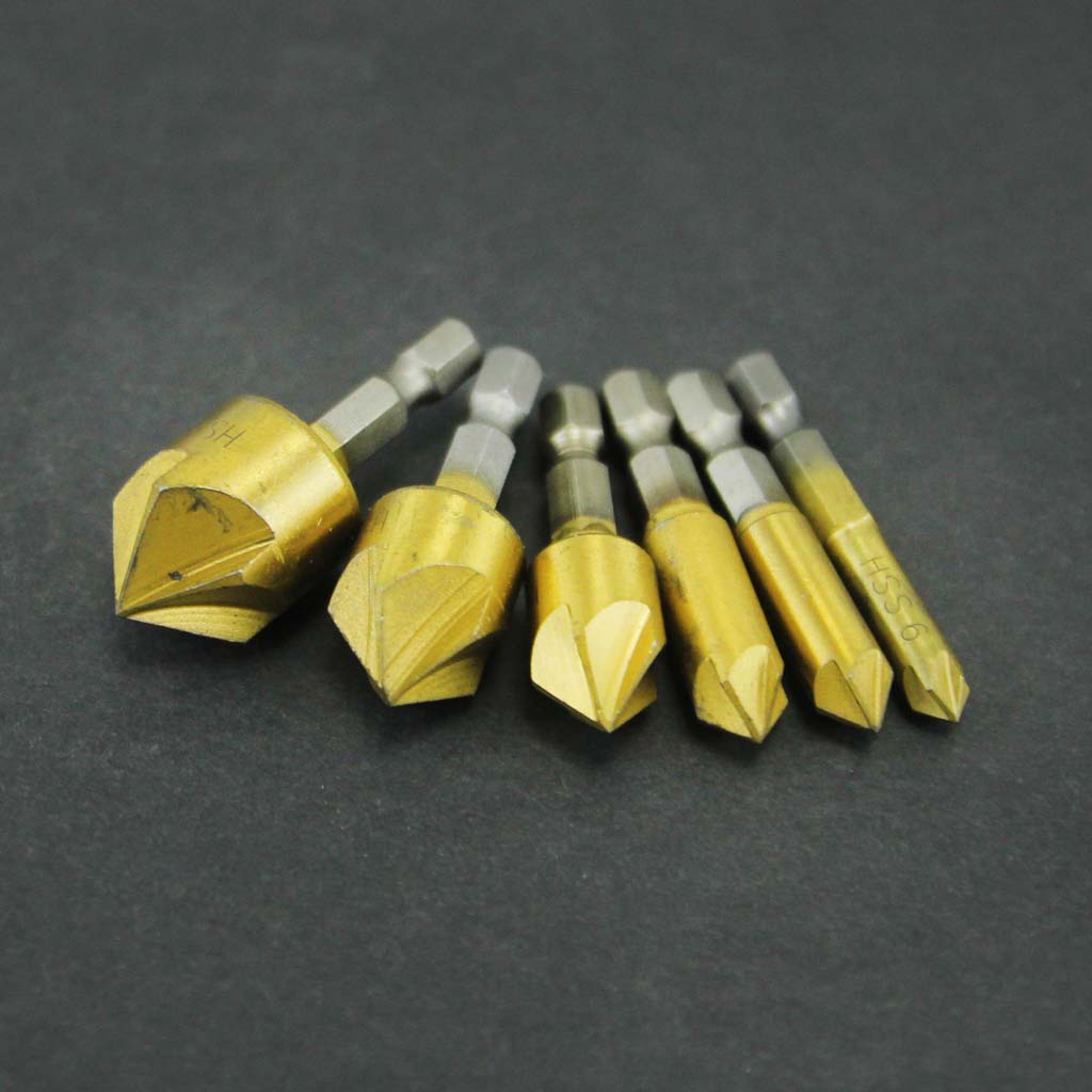 Bộ 6 mũi doa lỗ gỗ dạng 5 lưỡi phay chuôi lục thép carbon cao phủ Titanium