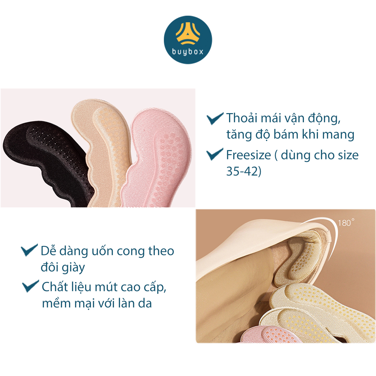 Lót gót giày có hạt silicone tăng độ bám, đệm êm bàn chân, chống trầy, bảo vệ gót sau - buybox - BBPK223