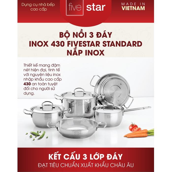 Bộ nồi inox FIVESTAR 5 chiếc 3 đáy bếp từ nắp inox ( 1 quánh 18cm x 1 N20cm , 1bộ nồi xửng 24cm, 1 chảo caro 24cm )