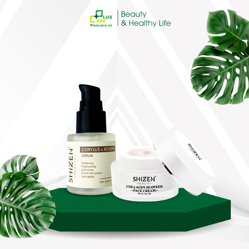 Combo dinh dưỡng cho da KEM DƯỠNG DA SHIZEN COLLAGEN SEAWEED + SERUM CORYLUS & ROSEHIP