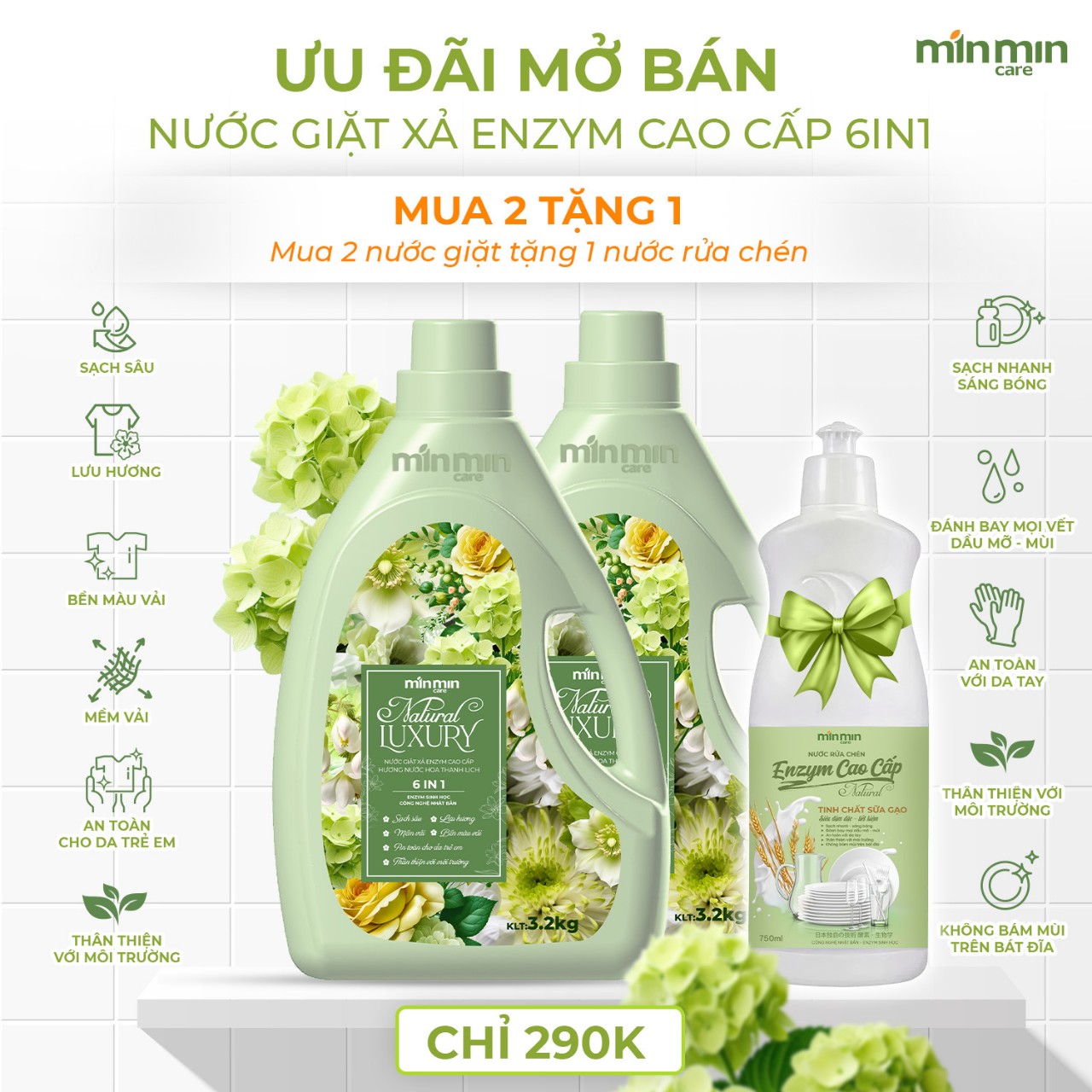 1 Can 3,2kg Nước Giặt Xả Luxury Min Min Care Hương Nước Hoa Thanh Lịch Màu Xanh