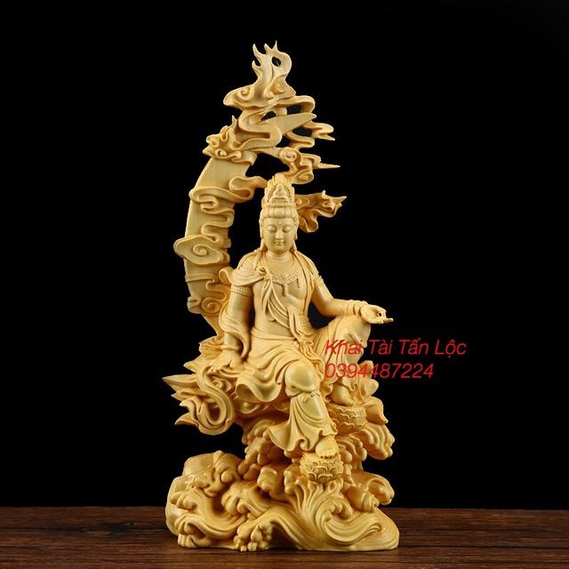 Tượng Thủy Nguyệt Quan Âm gỗ hoàng dương trấn trạch cao 18 cm