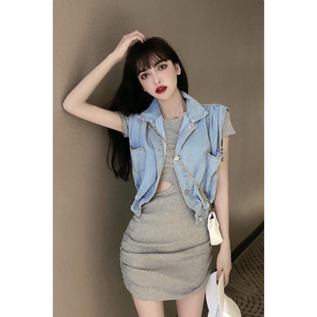 Áo denim không tay retro Hàn Quốc, chất đẹp