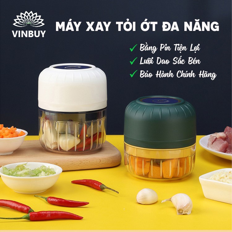 Máy Xay Tỏi Ớt Bằng Pin Sạc VinBuy Tiện Lợi, Xay Đồ Đa Năng Xay Đồ Ăn Dặm Cho Bé Với 3 Lưỡi Dao Thép Không Gỉ, Dung Tích 100ml, 250ml – Hàng Chính Hãng