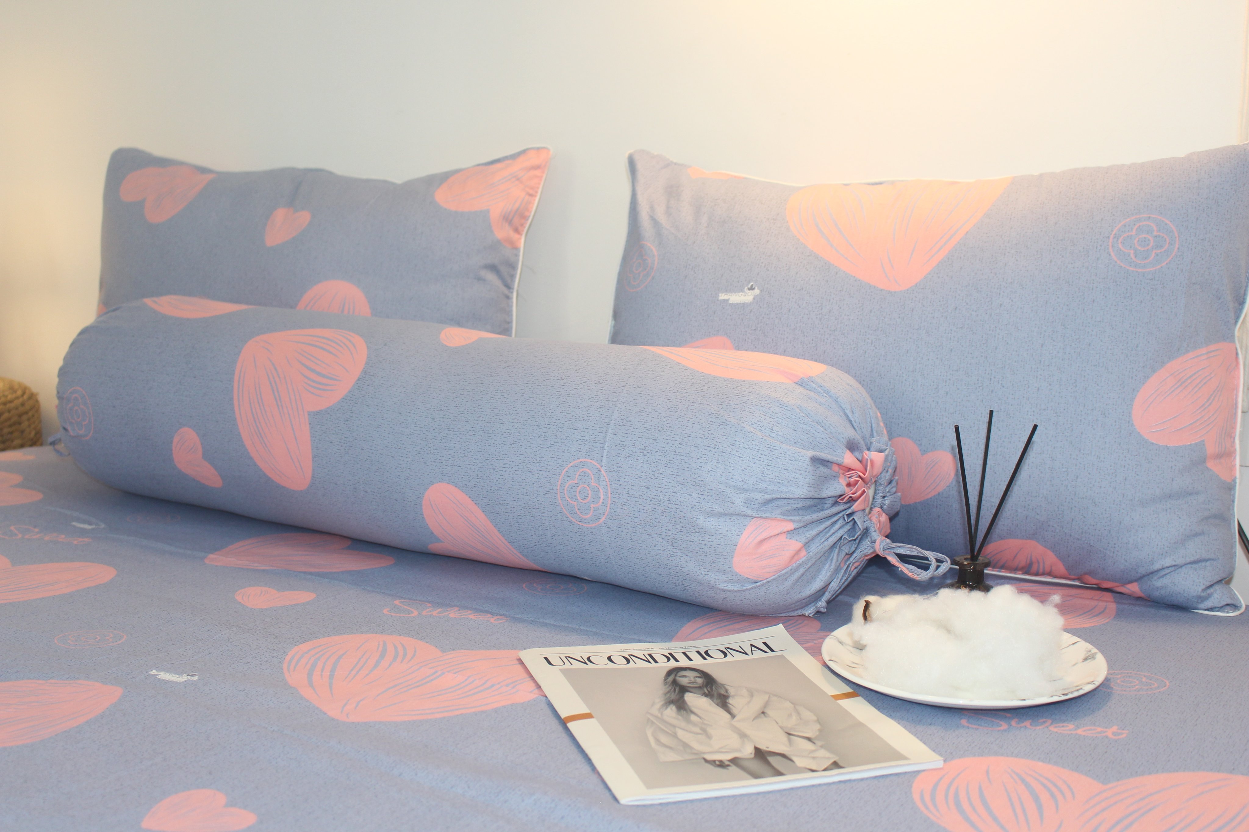 Bộ Drap Gối Cotton -Mẫu Trái Tim- vải dày dặn, mát mẻ, siêu thấm mồ hôi