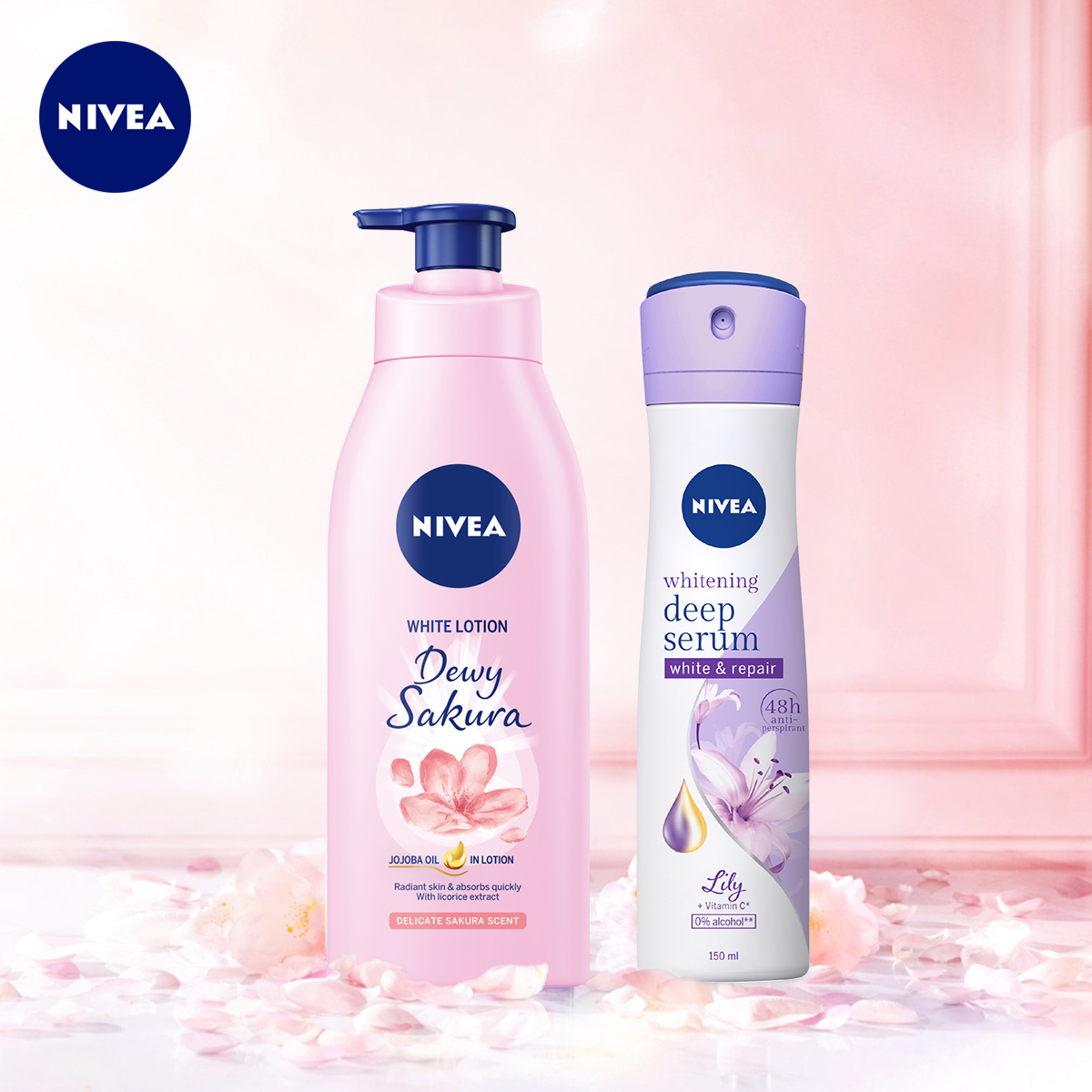 Bộ đôi Sữa Dưỡng Thể Dưỡng Trắng NIVEA Hương Hoa Hồng Radiant Rose (350ml) - 85707 &amp; Xịt Ngăn Mùi Nivea Serum Trắng Mịn Hương Hoa Lily (150ml) 85312