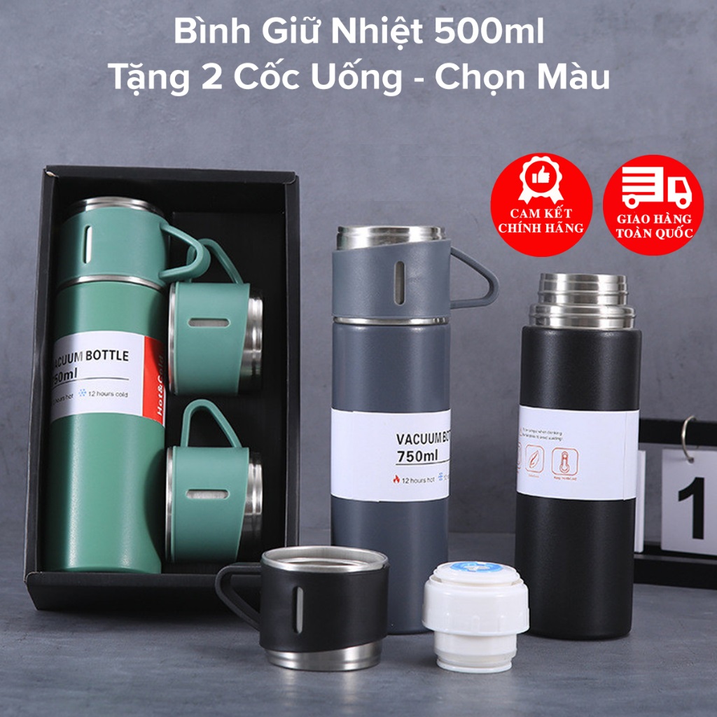 Bình Giữ Nhiệt 500ml Tặng Kèm 2 Cốc – Chọn Màu – Có Nút Nhấn Uống Trực Tiếp Kèm Hộp Quà Tặng Sang Trọng - Hàng chính hãng dododios