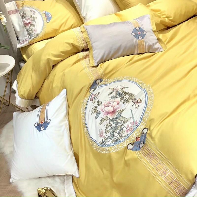 Bộ Chăn Ga Gối Lụa Tencel 60s Thêu -Hàng Nhập Khẩu Cao Cấp 5 Món Hoạ Tiết Độc Đáo