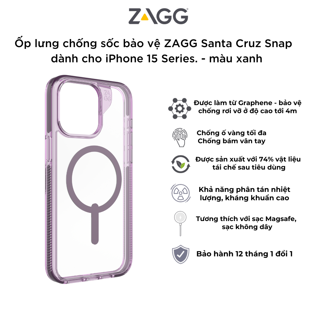 Ốp lưng trong chống sốc bảo vệ ZAGG Santa Cruz Snap, có Snap tương thích sạc không dây cho iPhone 15 Series - Hàng chính hãng