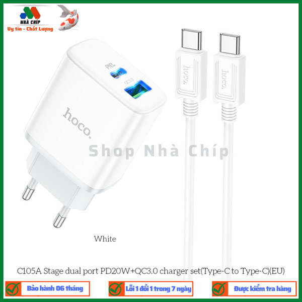 Bộ sạc nhanh kèm cáp Hoco C105A Stage dual port PD20W+QC3.0 phích cắm EU - Hàng chính hãng