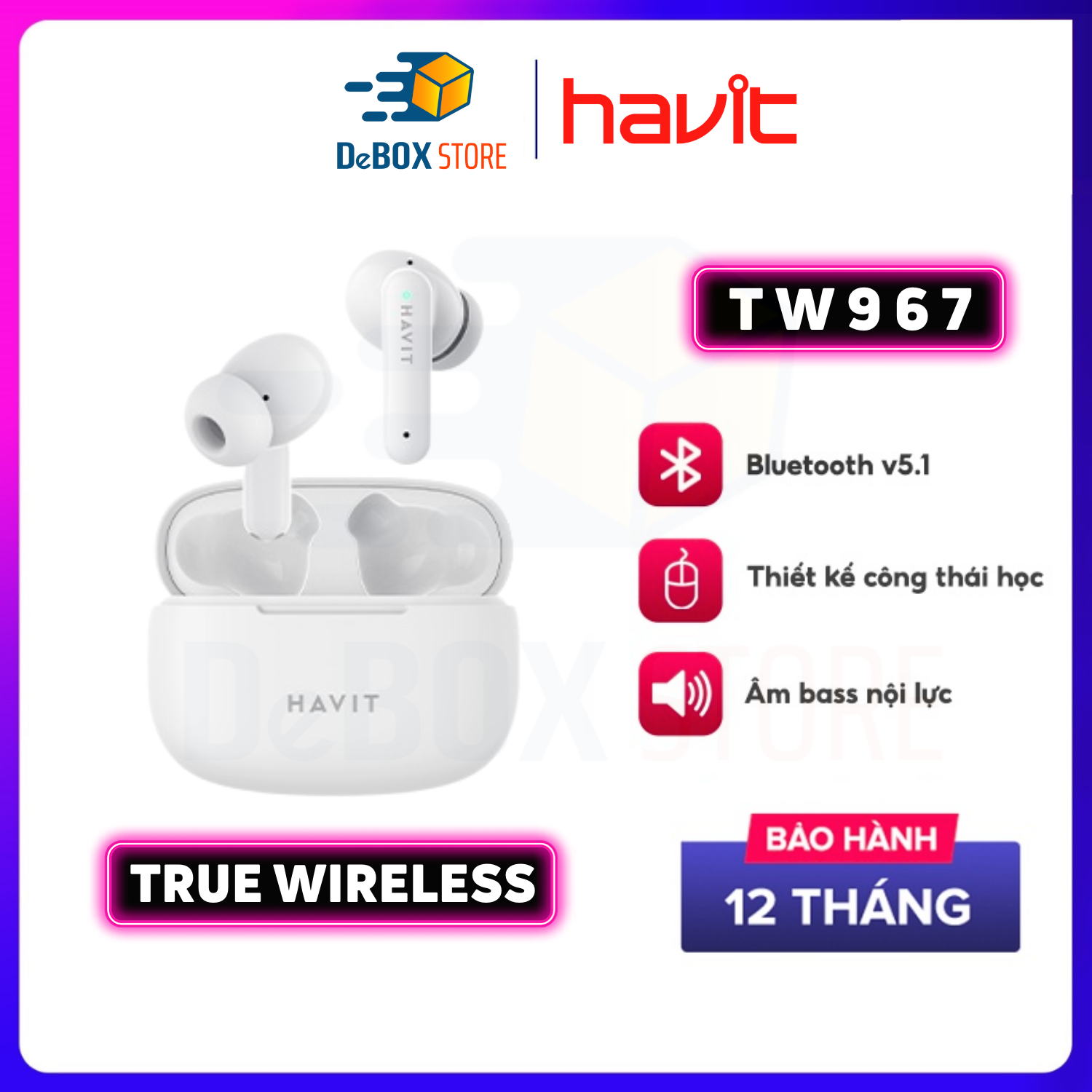 Tai Nghe Bluetooth True Wireless Havit TW967 BT 5.1, Thiết Kế Công Thái Học, Driver 10mm, Nghe Nhạc Đến 5H - Hàng Chính Hãng