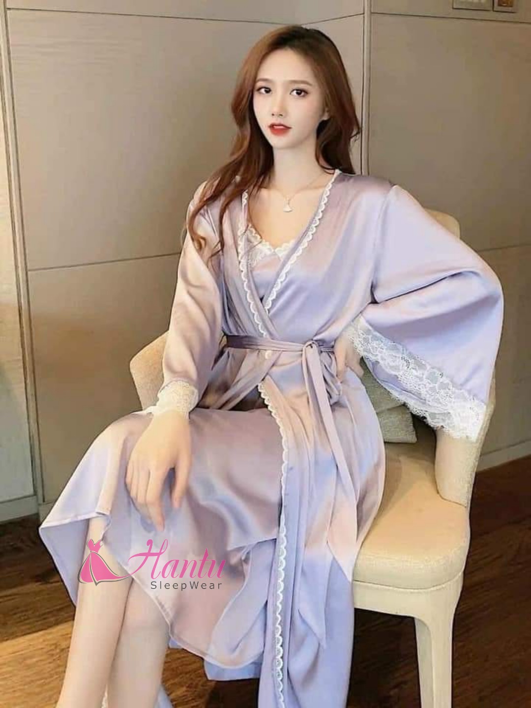 Hantu Sleepwear -Set áo choàng kèm váy ngủ lụa dáng dài qua gối mặc nhà sang trọng -Màu xám lông chuột