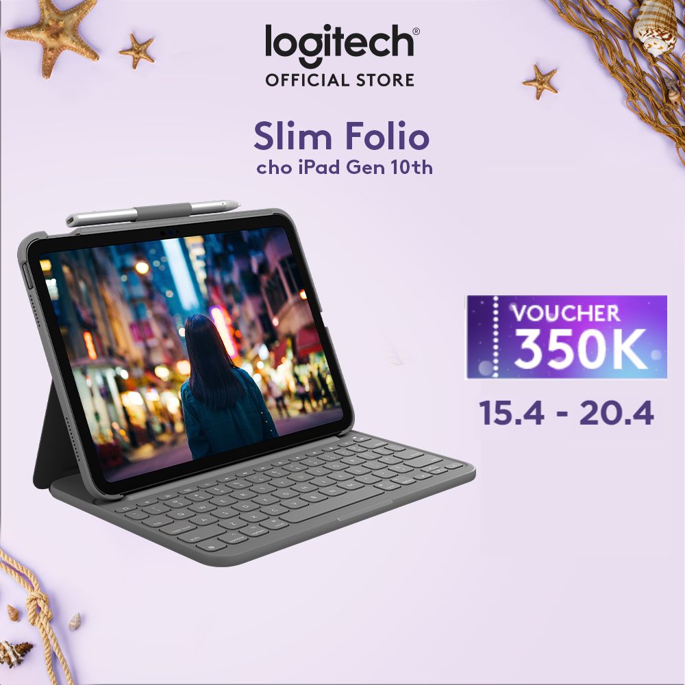 Bao da kèm phím Logitech Slim Folio dành cho iPad 10.9 inch Gen 10 - Bluetooth, Pin 3 năm, chống thấm nước - Hàng chính hãng