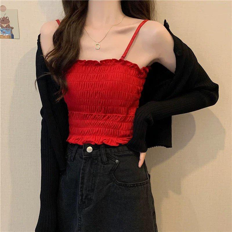 M31. Áo 2 dây croptop thun nhún sẵn mút ngực cá tính, áo nữ kiểu crotop sang chảnh 2022