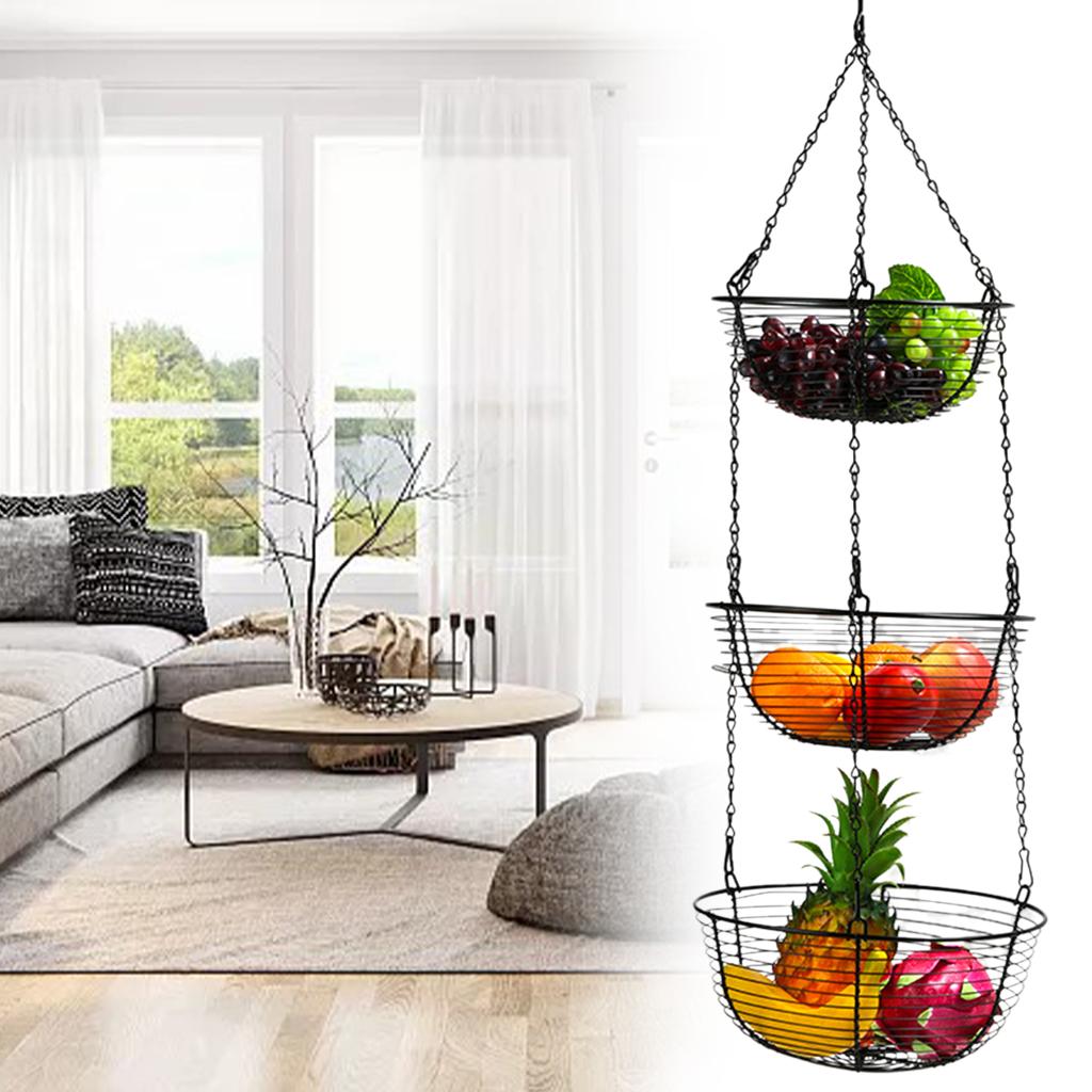 3-Tier Iron Hanging Fruit Basket Organizer for Kitchen Dining Room Table
