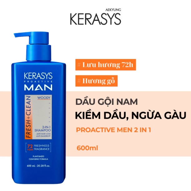 Dầu gội nam Sạch Sâu, Ngăn Ngừa Gàu, Kiềm Dầu Kerasys Proactive Men 2 in 1 Hàn Quốc 600ml