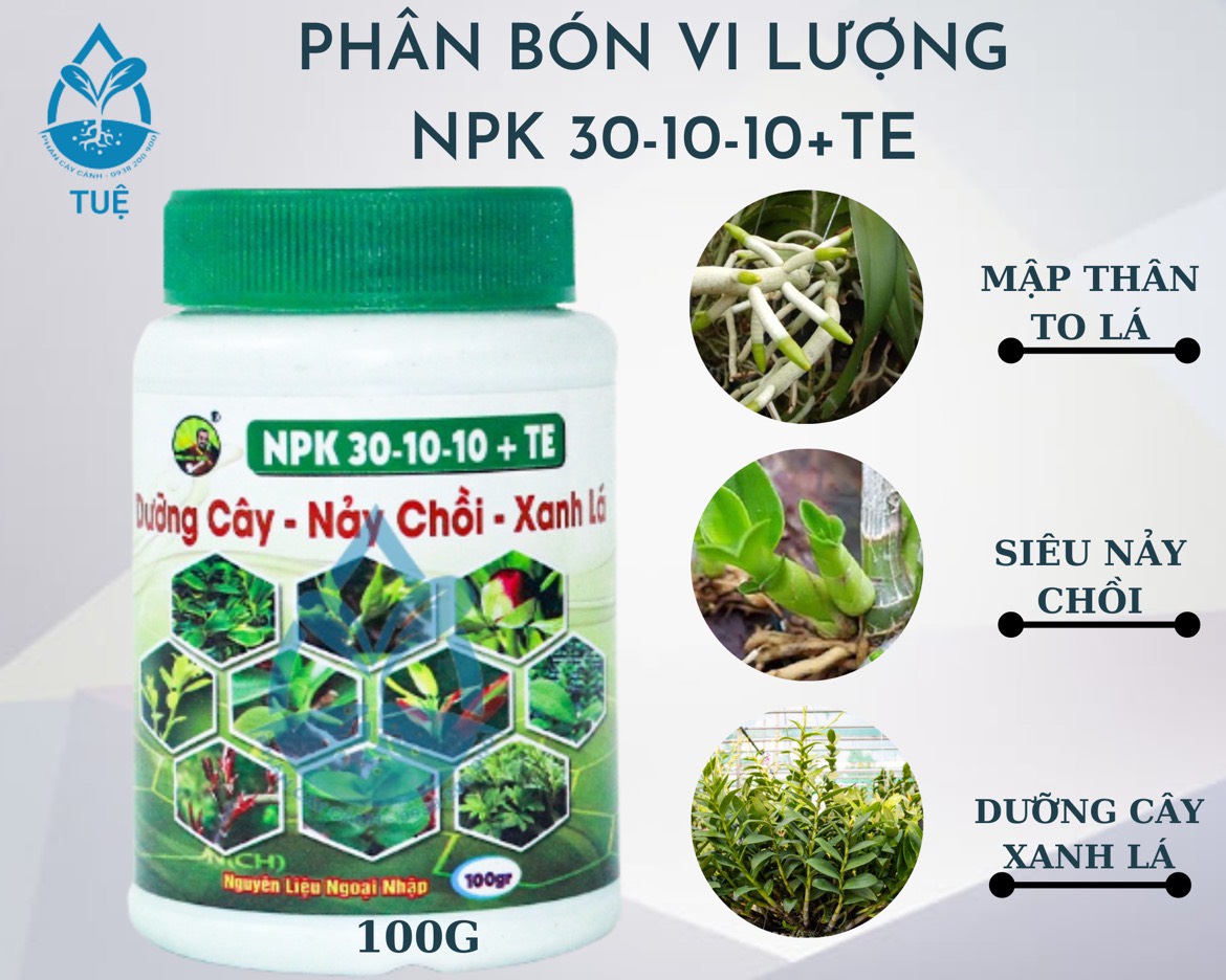 Phân bón lá NPK giúp dưỡng cây nảy chồi, xanh lá - 30-10-10 +TE -chai 100gr