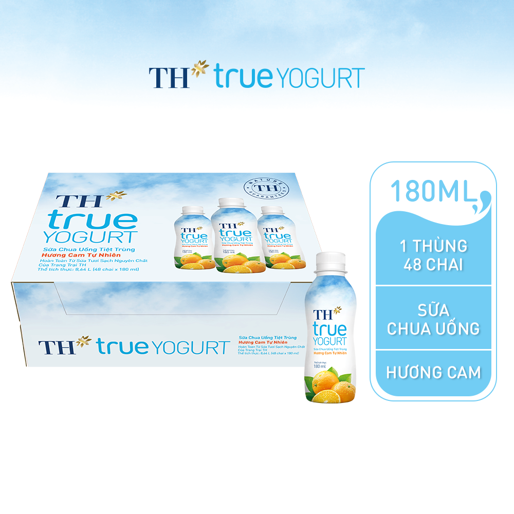 Thùng 48 chai sữa chua uống tiệt trùng hương cam tự nhiên TH True Yogurt 180ml (180ml x 48)