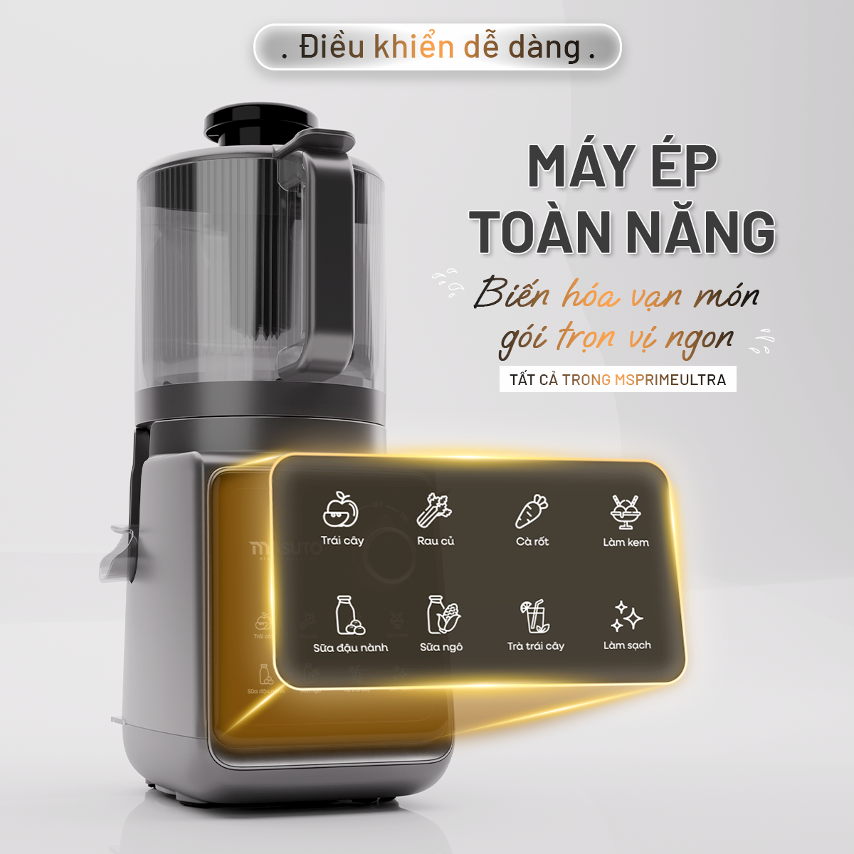 Máy Ép Chậm Trái Cây Làm Kem Toàn Năng 8in1 Masuto MSPrimeUltra, Công Suất 150W, Ống Tiếp Cực Đại 156mm, Ép Kiệt 99%, 8 Chế Độ Nấu - Hàng chính hãng