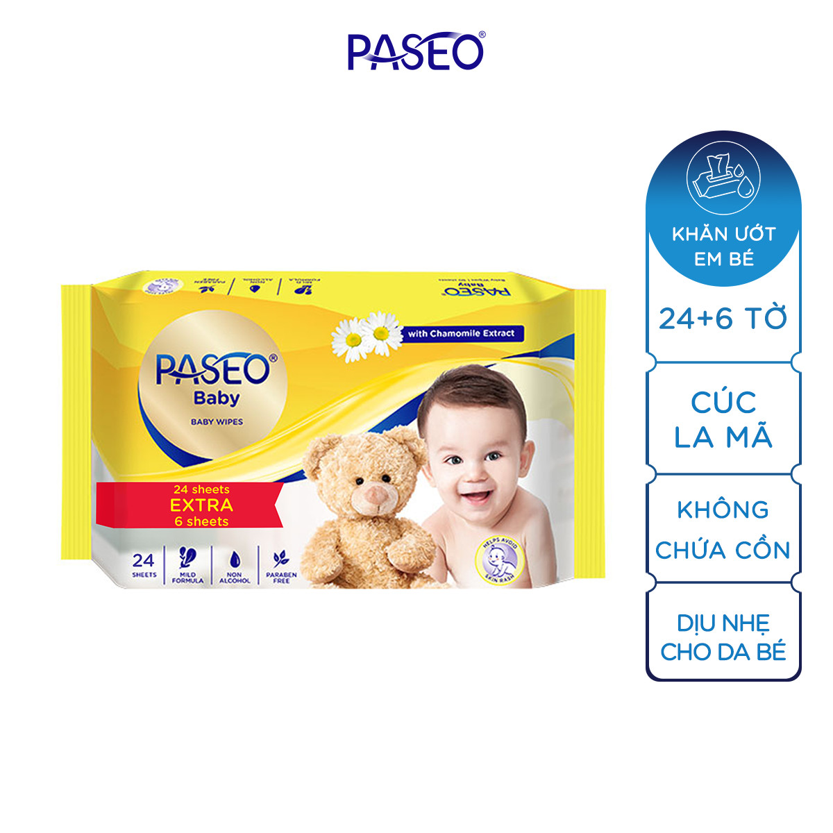 Khăn ướt em bé Paseo 24 tờ chiết xuất tinh dầu hoa cúc La Mã