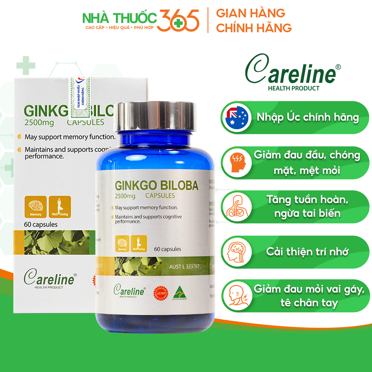 Viên uống Careline Ginkgo Biloba 2500mg cải thiện trí não Hộp 60v