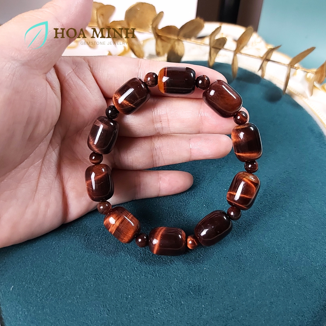 Vòng tay đá Mắt Hổ tự nhiên đỏ nâu kiểu lu thống size 12x16mm phối xen kẽ viên tròn hợp mệnh Hỏa Thổ