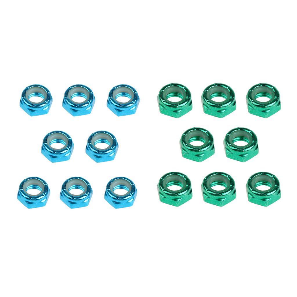 16pcs Skateboard Wheel Axle Nuts for Longboard Trucks, Carbon Steel, Green&Blue Color