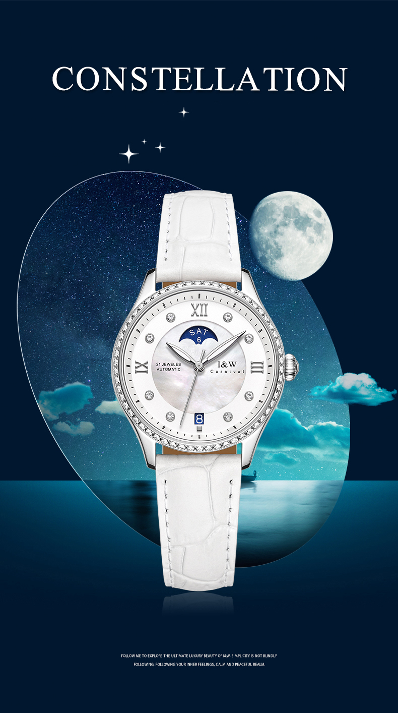 Đồng hồ nữ chính hãng I&amp;W CARNIVAL IW582G-1 Kính sapphire ,chống xước ,Chống nước 30m ,Bảo hành 24 tháng,Máy cơ (Automatic),dây da cao cấp, thiết kế đơn giản dễ đeo