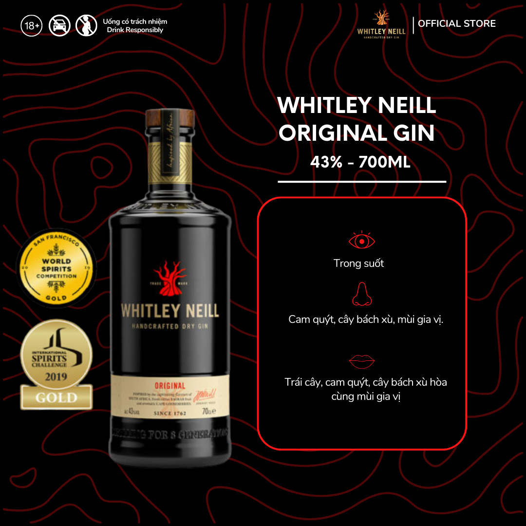 Rượu Gin Whitley Neill Original Handcrafted Dry Gin 43% 700ml