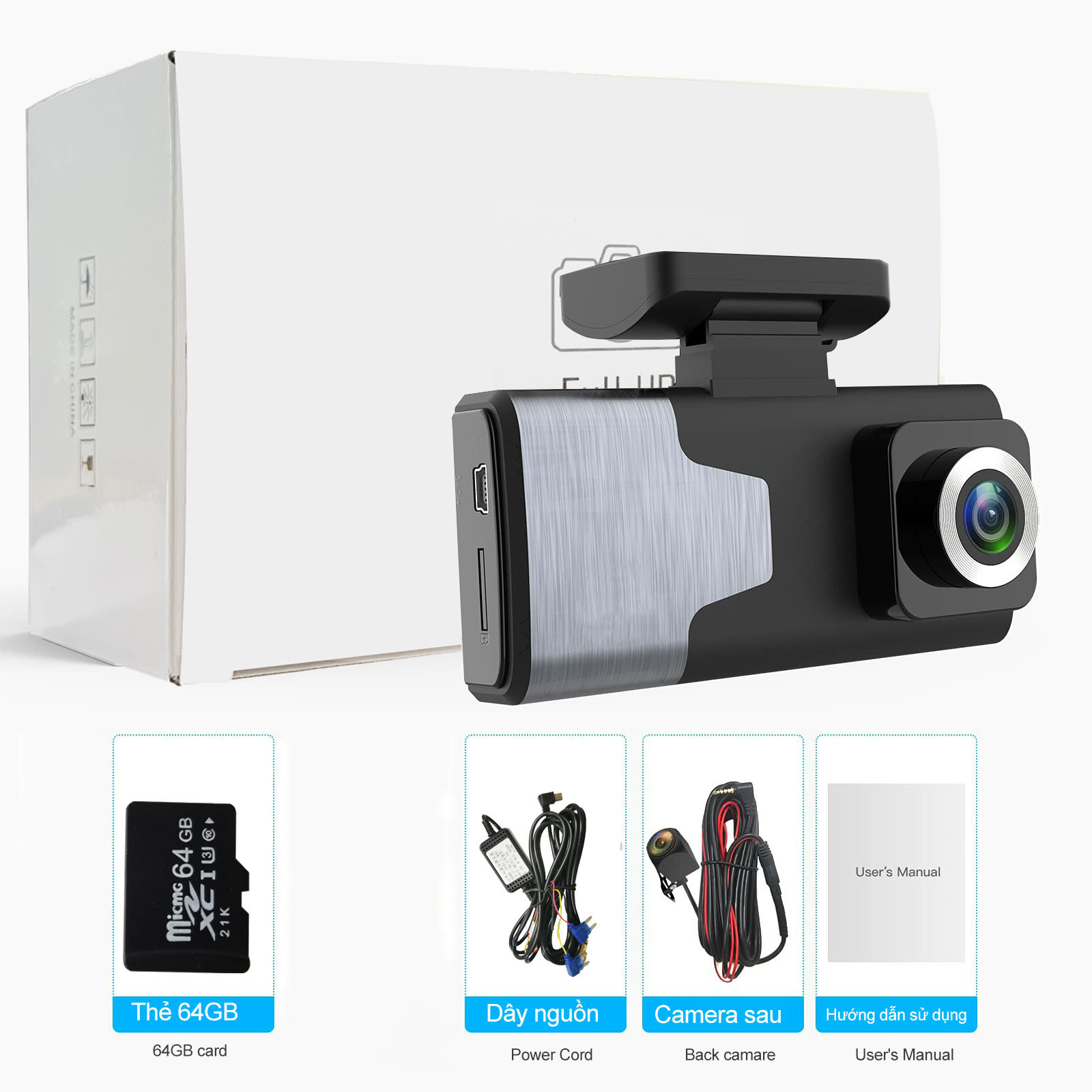 Mini Camera Hành Trình 4 Inch Ô Tô Màn Hình Gương Tràn Viền - Thẻ 64GB