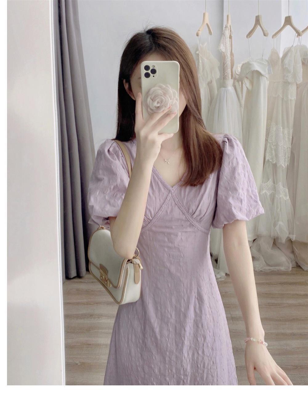 DONGSHOP Váy dài cổ chữ V màu trắng dịu dàng kiểu Pháp, váy dài cổ chữ V màu tím, con cái Hạ Độc đáo, thắt lưng, tay áo bong bóng, váy liền áo.