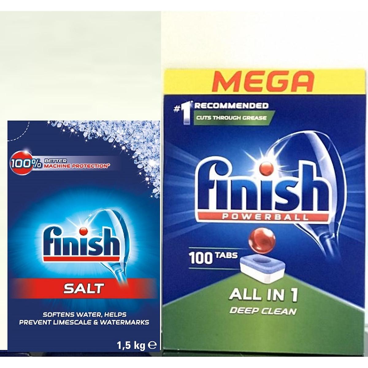 Combo Viên Rửa Bát Finish all in one 100 viên + Muối Rửa Bát Finish 1.5kg Dùng Cho Máy Rửa Bát, Nhập Đức