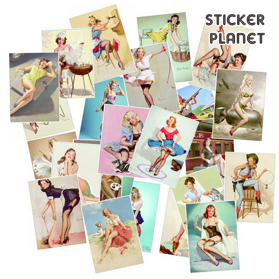 Bộ sticker  phong cách retro Girls Stickers Sexy Girl chống thấm nước trang trí mũ bảo hiểm, đàn, guitar, ukulele, điện thoại laptop