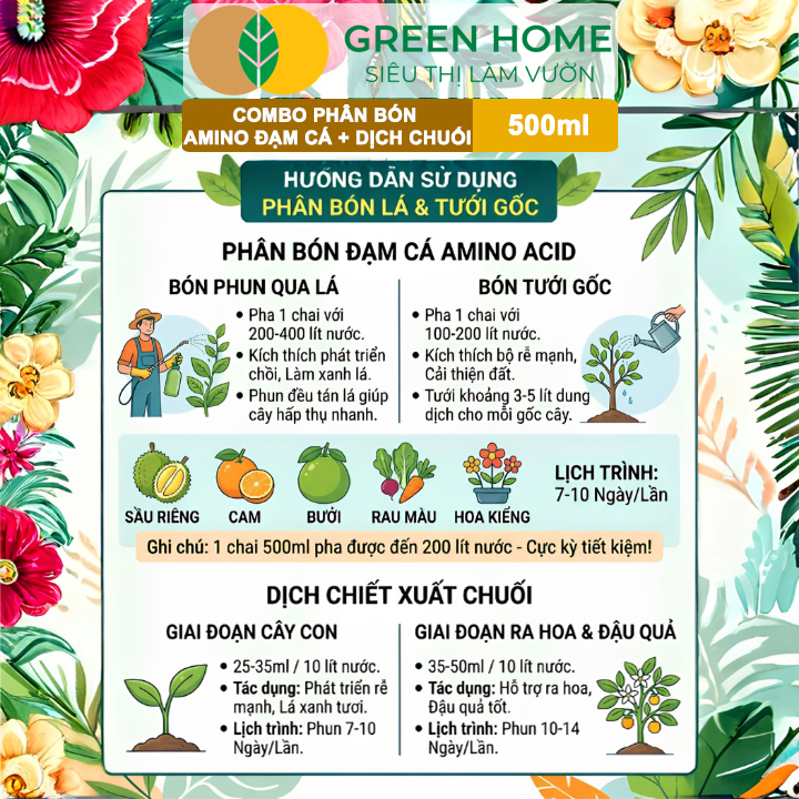 Combo Phân Bón Hữu Cơ Đạm Cá + Dịch Chuối GreenHome, 500ml, Kích Rễ, Bung Đọt, Tăng Đậu Trái To Ngọt