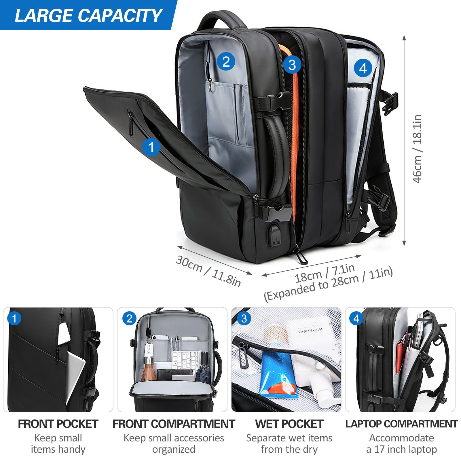 AL1023 39L Expandable Travel Backpack with USB Charging Port Water Resistant Convertible Carry-On Backpack Weekender Bag