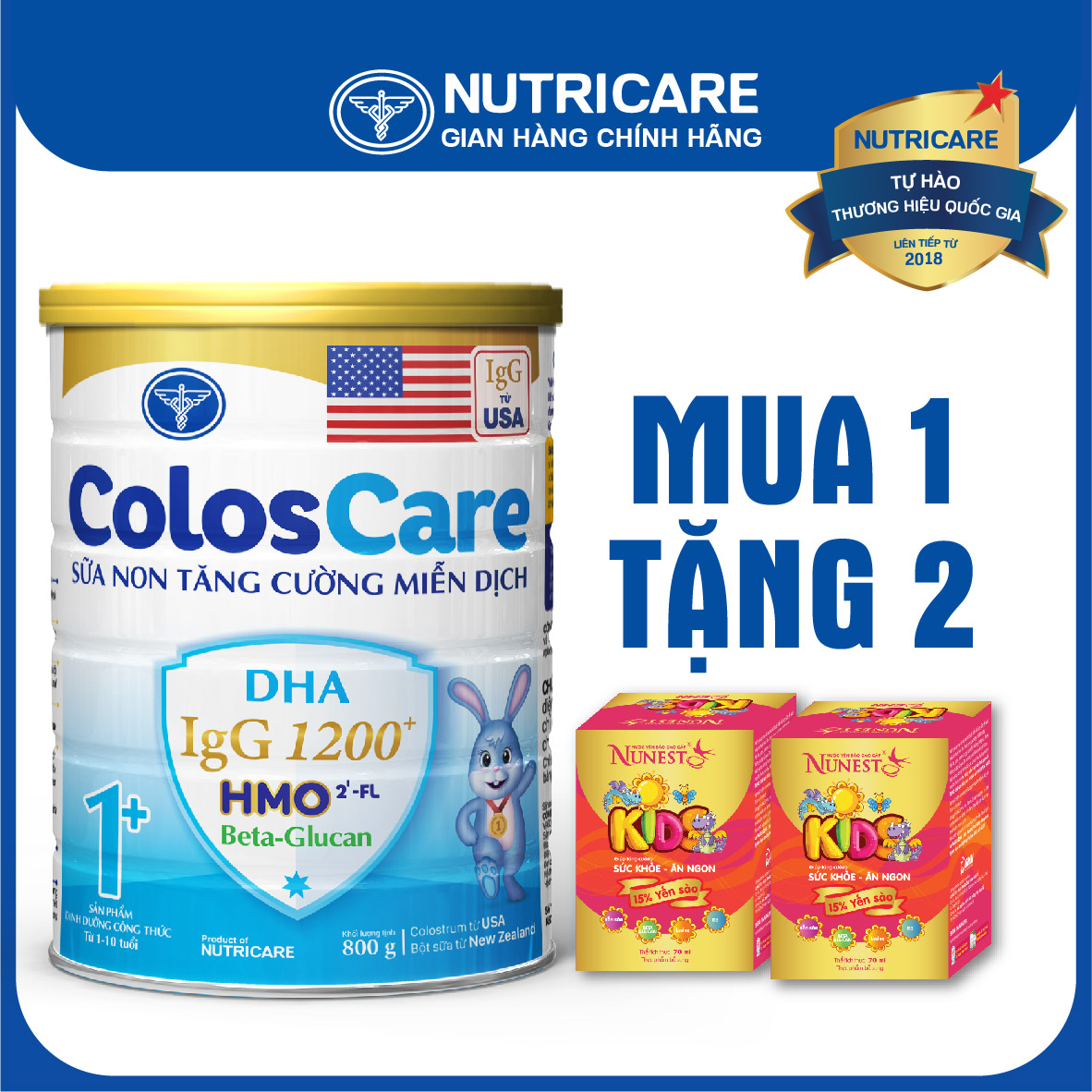 [Tặng 2 lọ yến] Sữa bột Nutricare ColosCare 1+ tăng cường hệ miễn dịch 800g