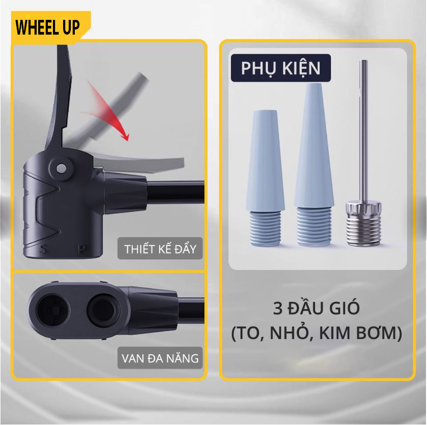 Bơm xe đạp, xe máy xách tay siêu nhẹ, áp suất 120 PSI, thân hợp kim siêu bền, hỗ trợ cả van Mỹ và van Pháp, bơm được cho tất cả các loại xe đạp bao gồm xe đua, xe địa hình, xe đạp đường trường, thương hiệu Wheel Up - Hàng chính hãng