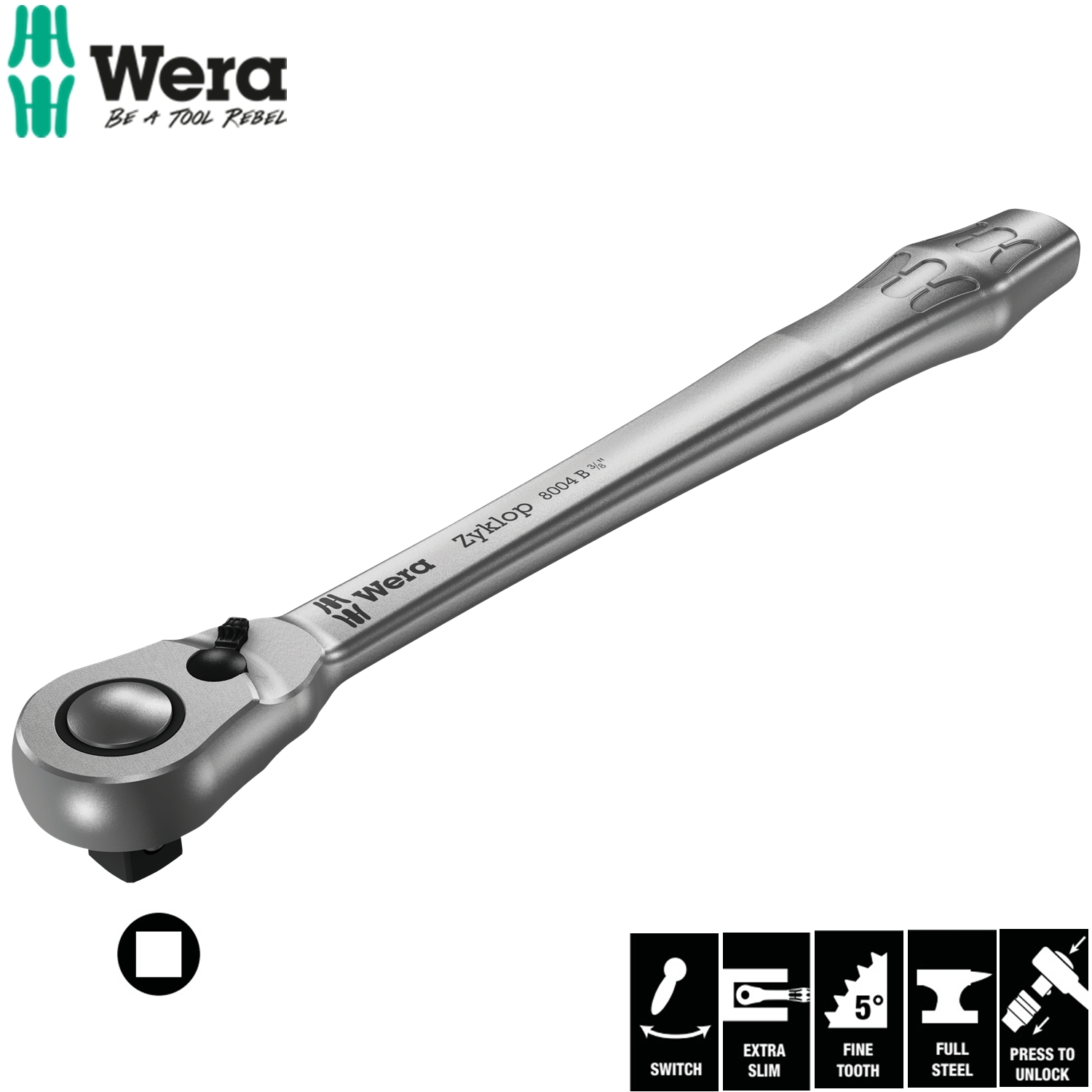 Cần xiết tròng cóc 3/8",  8004 B Zyklop Metal Ratchet với cần gạt trái và phải Wera 05004034001