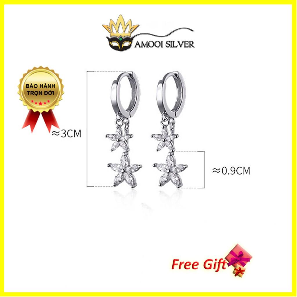 Khuyên Tai Bạc Khoen Tròn Đôi Sao 5 Cánh Đường Kính 9MM - Bông Tai Chuẩn Bạc 925 - Hoa Tai Bạc Khoen Tròn - AMOOI SILVER