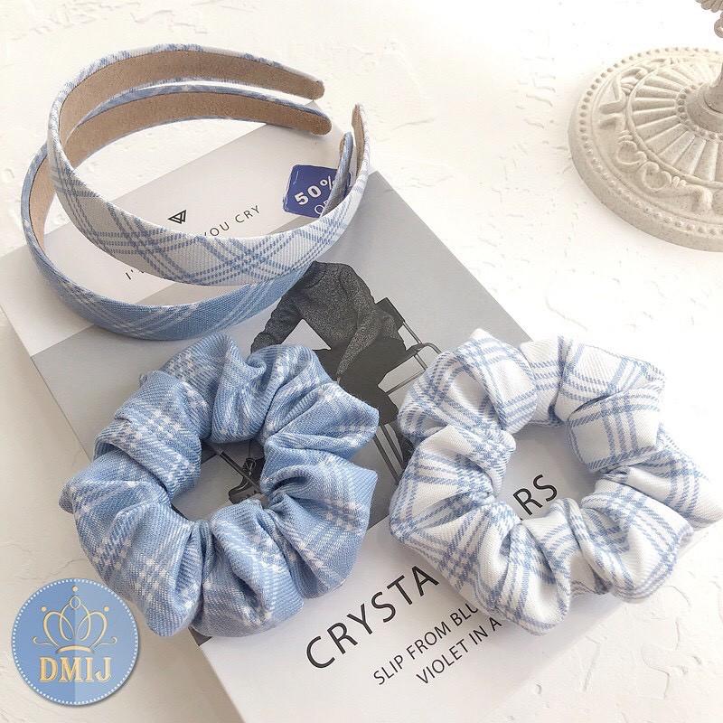 Dây buộc tóc,cột tóc scrunchies kẻ phồng Hàn Quốc nhiều màu