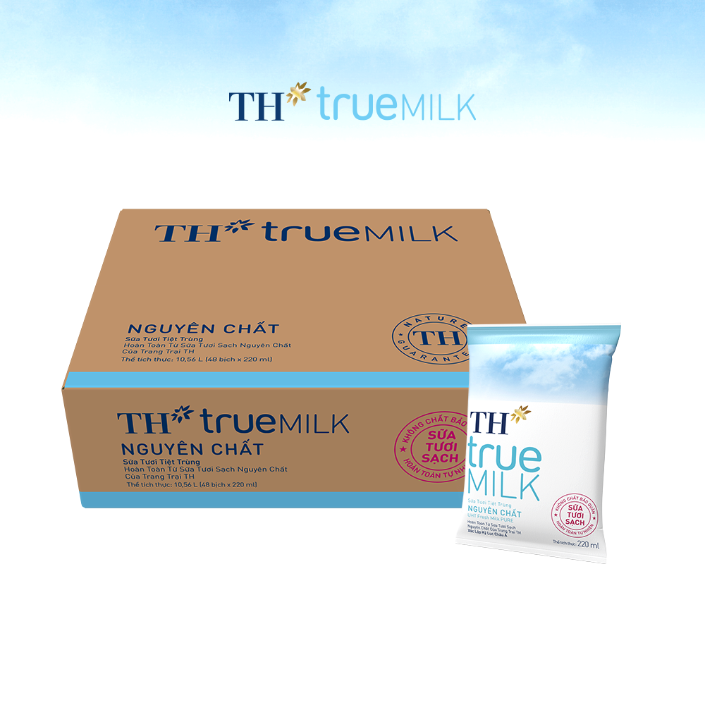 Thùng 48 bịch sữa tươi sạch nguyên chất TH True Milk bịch giấy 220ml (220ml x 48)