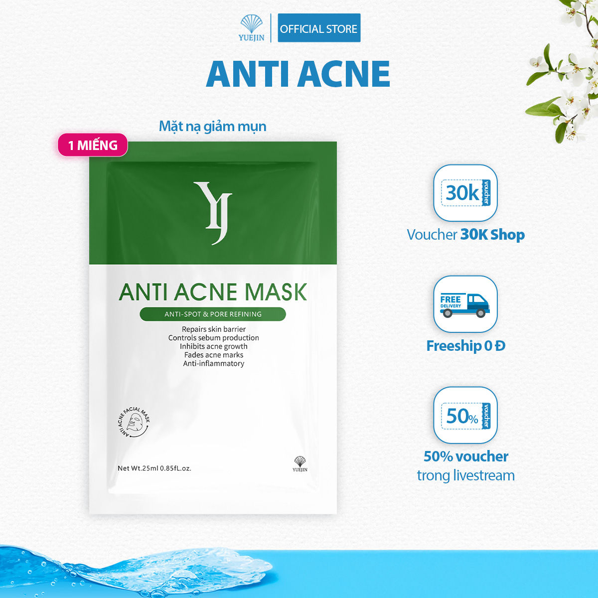 Mặt nạ giảm mụn Anti Acne Mask Yuejin, kháng viêm, giảm sưng, giảm mụn hiệu quả (Lẻ 1 miếng)