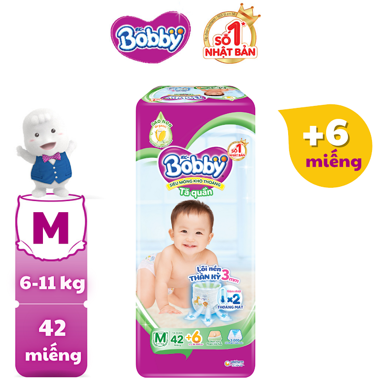 [MỚI] Tã/bỉm quần Bobby 3mm Gạo non M42 + 6