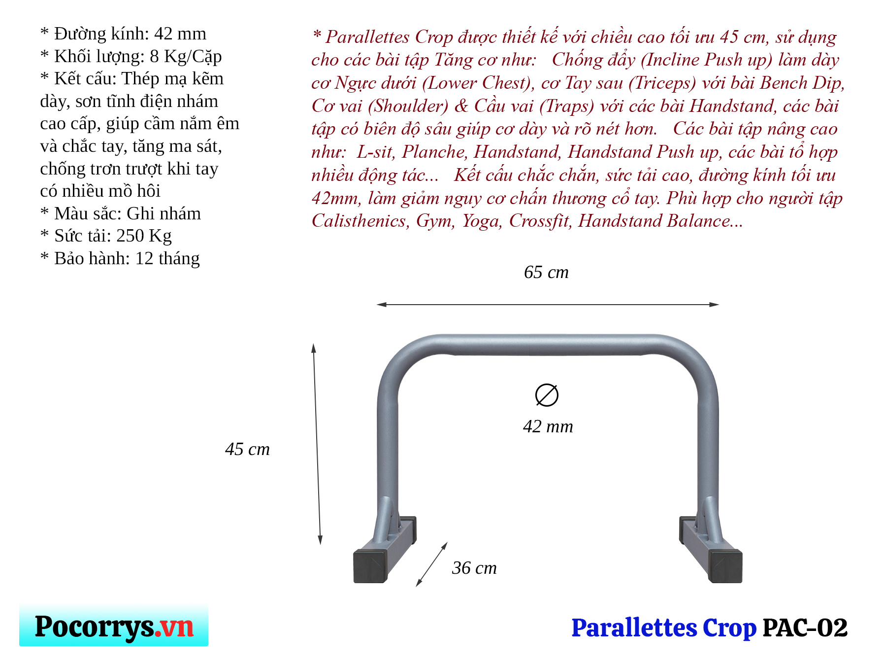 Combo 3 bộ Xà kép, Dụng cụ chống đẩy, Parallettes Pocorrys 02, Màu ghi